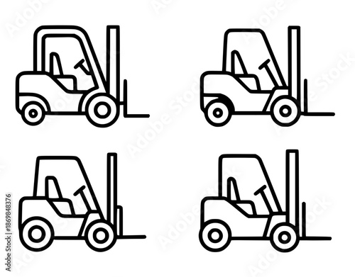 4 forklift illustration icons in outline style, transparent background