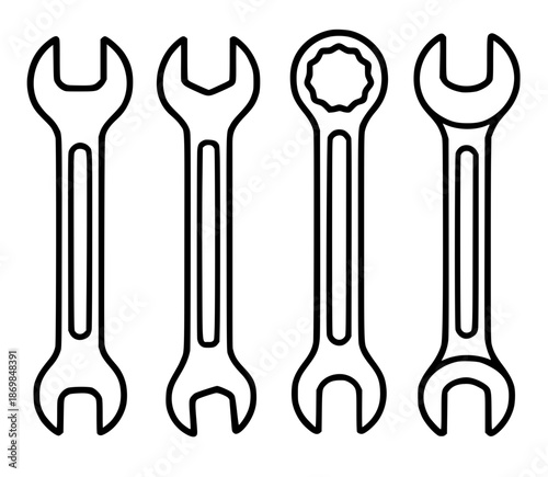 4 wrench illustration icons in outline style, transparent background