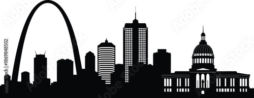St Louis skyline silhouette with Gateway Arch downtown buildings and historic courthouse minimalist black vector cityscape illustration urban landmark