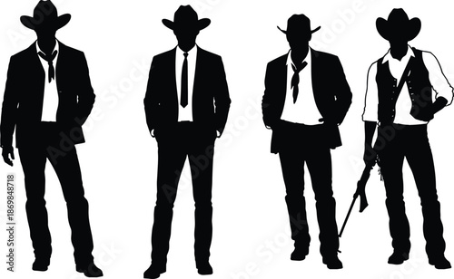 Western cowboy silhouettes in hats and suits, outlaw gunslinger characters vintage wild west style isolated on white background illustration