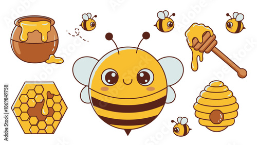 Cartoon bee and honey illustrations set.