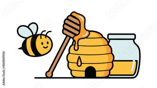Cartoon bee harvesting honey from beehive with honey dipper and jar.