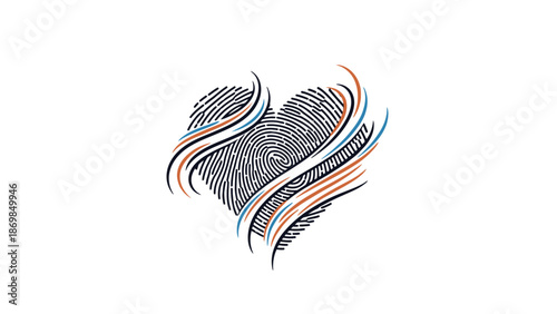 Abstract fingerprint heart shape with colorful swirling lines.