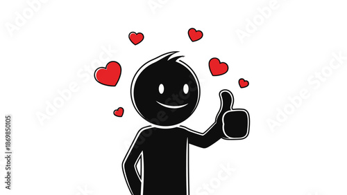 Simple black stick figure giving thumbs up surrounded by red hearts.