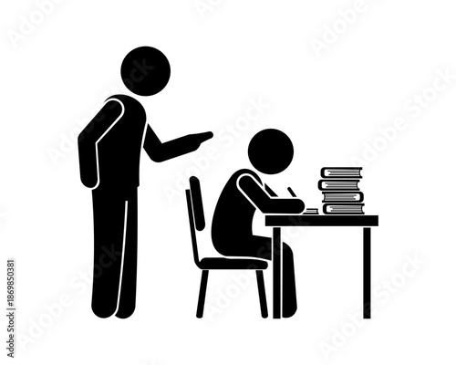 Parent Instructing Child to Study at Desk with Stack of Books Vector Illustration.