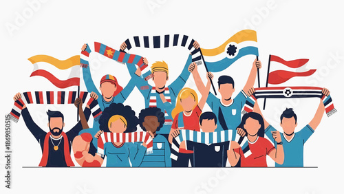 Group of Diverse Soccer Fans Celebrating Victory with Flags and Scarves