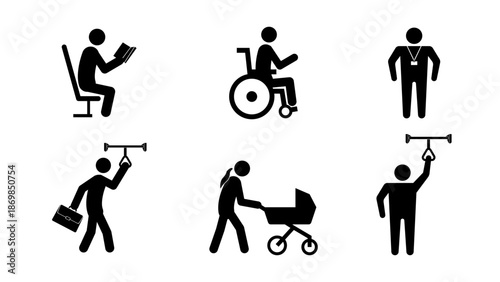 A set of vector icons depicting various passengers in public transport. Includes people reading, in a wheelchair, commuters holding handles, a parent with a stroller.