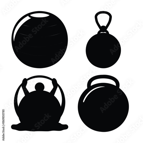 Various fitness and workout equipment silhouettes for exercise and strength training