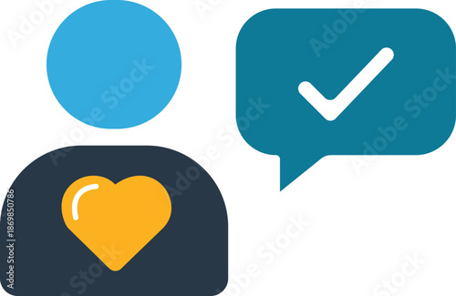 Person with yellow heart and blue speech bubble with checkmark Keywords: person, user, profile