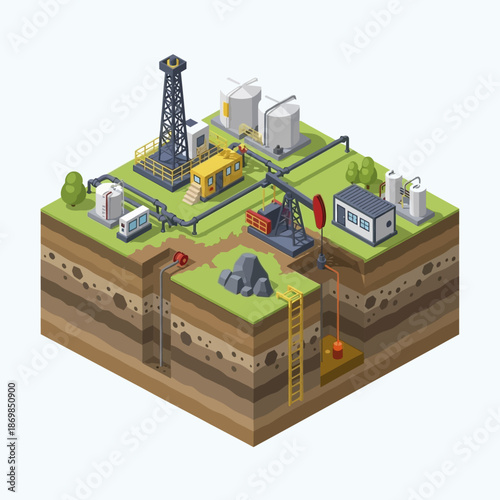 Isometric Illustration of Oil Extraction Process.