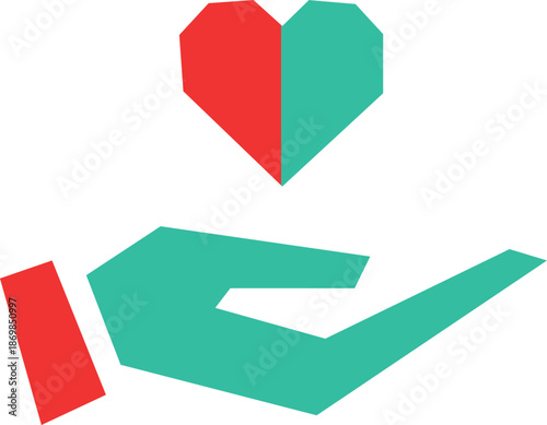 Teal hand holding a geometric heart split into red and teal halves on a white background love care
