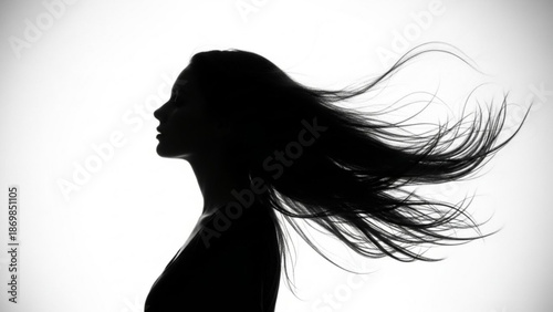 Silhouette of a woman with long hair blowing in the wind on white background