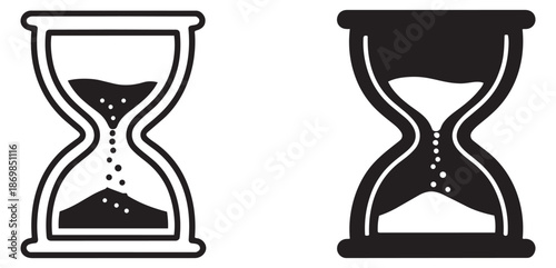 Outline and solid glyph hourglass icon set featuring two stylized hourglasses with falling sand for time measurement concepts
