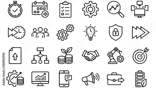 Productivity & Workflow Icons Set, Business Efficiency, Time and Automation Symbols,  productivity icons, workflow icons, business efficiency icons, time management icons, automation icons, task manag