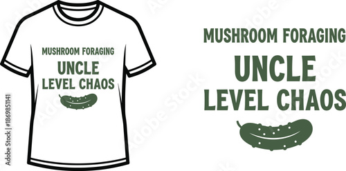 MUSHROOM FORAGING UNCLE LEVEL CHAOS Typography T-shirt Design, Modern Minimalist Graphic with Playful Cartoon-like Illustration, isolated on transparent background