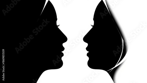 Silhouettes of two human faces in profile facing each other on a white