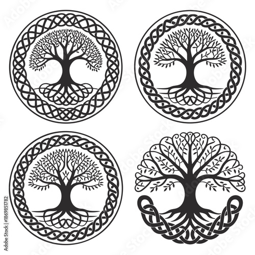 Set of four circular Celtic knot tree of life designs, featuring intricate patterns and variations.