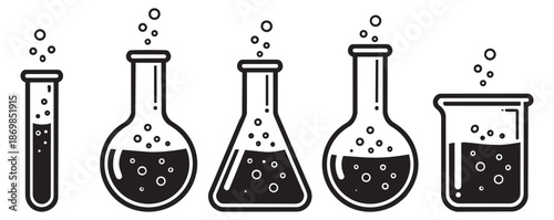 Line art laboratory glassware set featuring various beakers, flasks, and test tubes with bubbling liquid for scientific experiments