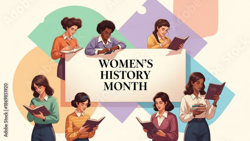 Diverse women reading books celebrating womens history month with colorful