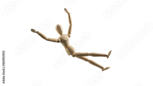 A wooden mannequin in a dynamic pose on transparent background