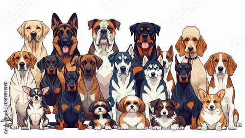 A diverse group of dogs in various breeds and sizes sit together looking