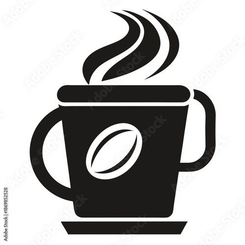 Title: A black and white of a steaming cup of coffee with a coffee bean on the cup