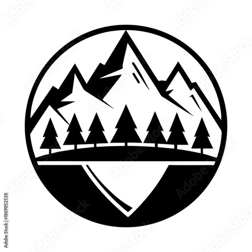 Free Download Title: A black and white of a mountain landscape with trees and a river inside a circular frame - GFXLoad