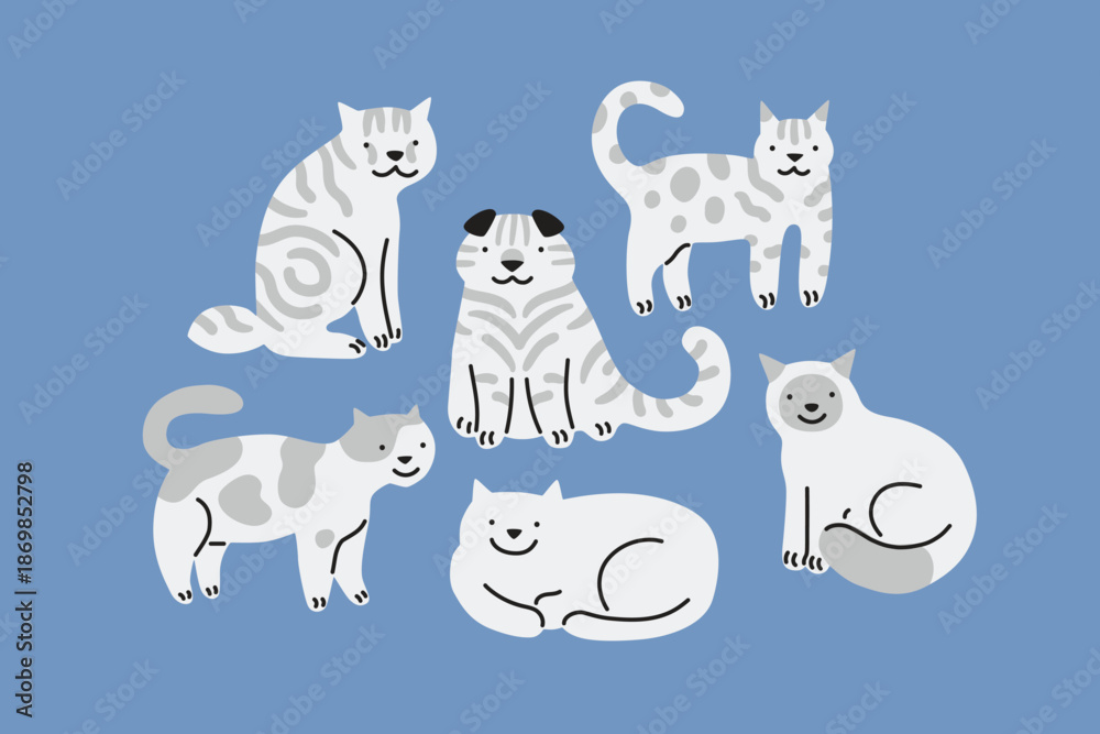 Obraz premium Cats simple illustration. Cute kitten, cartoon domestic cats in different pose, pet feline characters. Vector isolated set of kitten animal feline illustration. Sketch doodle style, monochrome.
