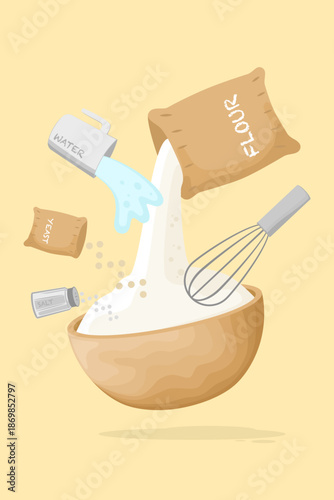 Mixing dough and ingredients for bread, bakery, pastry, pasta or noodles, Wheat flour is key ingredient in baked goods, Dough making process recipe with water or milk yeast sugar salt egg and butter.