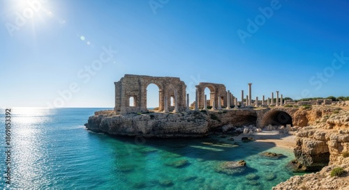Coastal ruins stand over turquoise water under a bright sun, clear sky