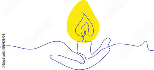 Minimalist Single Line Drawing of a Hand Holding a Glowing Candle, Concept of Hope, Peace, and Remembrance in Continuous Line Style