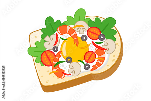 Sandwiches made with healthy ingredients, Whole wheat bread or Sandwich containing boiled shrimp, boiled egg, various salad vegetables, mushrooms, tomatoes, bell peppers, olive with sauce and pepper.
