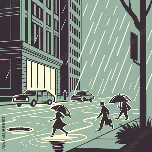 People walking in the rain with umbrellas on city street  