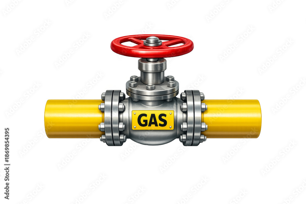 Obraz premium Gas pipeline valve with red wheel on transparent background