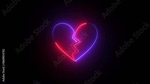 Neon broken heart. Illustration of a bright neon glowing broken heart icon, with a vibrant lightning split, symbolizing intense emotional pain and a strong love crisis, 4k video.