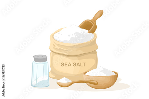 Salt powder and crystals set, Sea salt in sack package, Salt in wooden spoon or bowl and glass bottle, Salty ingredients seasoning with sodium iodine, Mineral salt used for spa massages and scrubs.