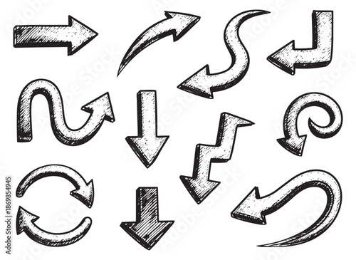 Hand drawn sketch arrow set featuring various directional symbols for user interface and design