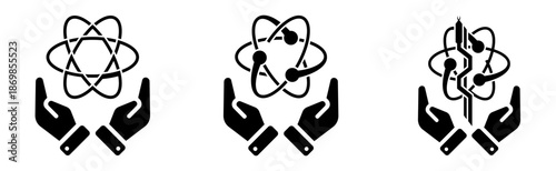 Hand holding atom and science-related icons, representing scientific research, discovery, and innovation, flat vector illustration isolated on white background