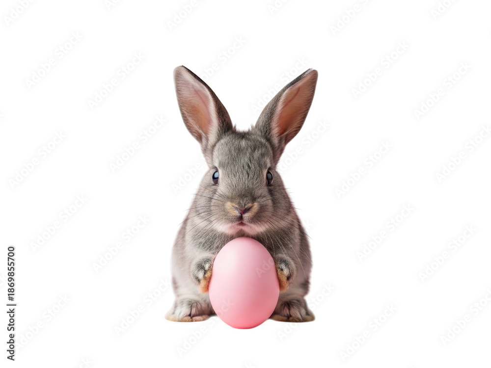 Obraz premium Cute gray bunny holding pink easter egg isolated on transparent background