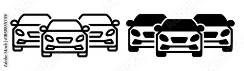 Cars icon set, representing vehicles, transportation, and traffic, in outline and solid variations, flat vector illustration isolated on white background