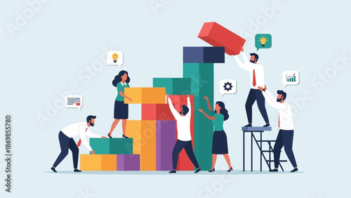 Diverse Business Team Collaborating to Build a Growing Bar Chart or Success Structure