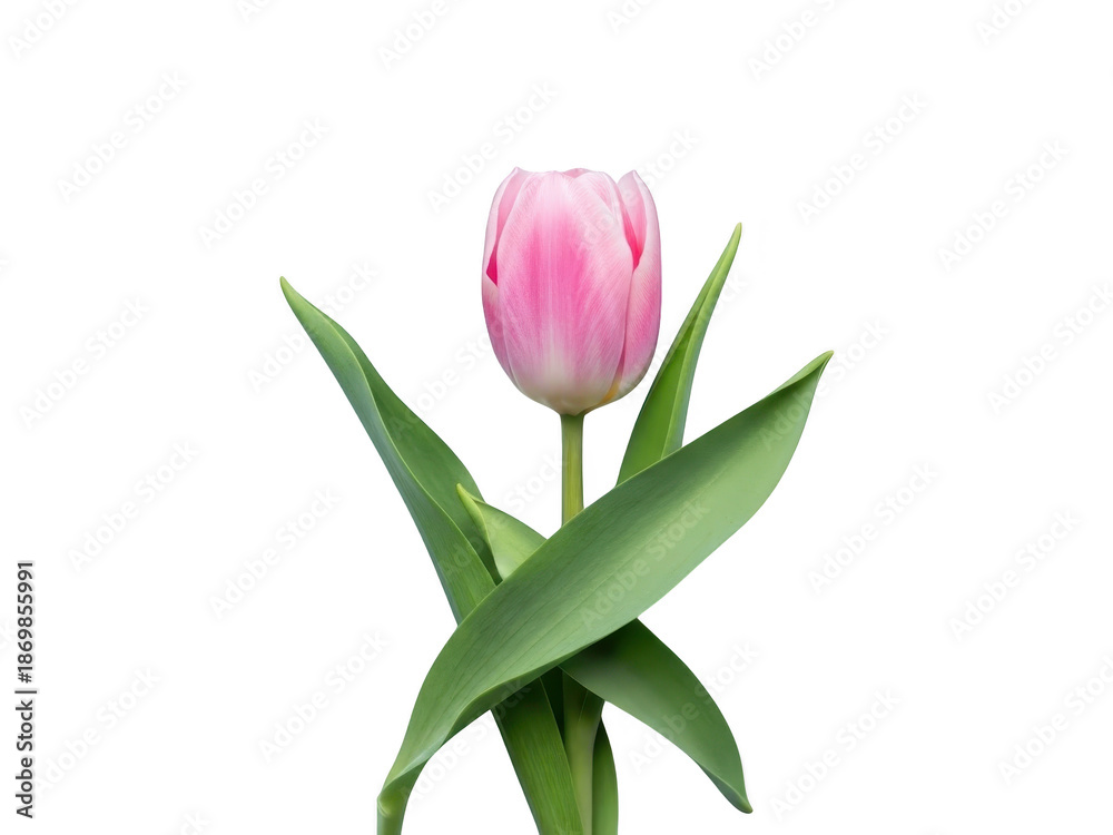 Obraz premium A pink tulip flower with green leaves isolated on transparent background