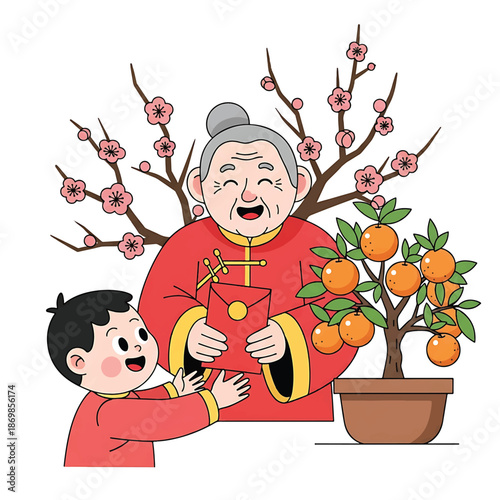 An elderly Asian woman in a traditional red Chinese New Year outfit handing a red envelope to a young boy with a potted orange tree and blossoming branches in the background.