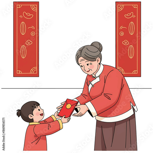 An elderly woman in a red outfit giving a red envelope to a young girl with Chinese New Year decorations in the background.