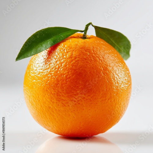 A hyperrealistic, close-up studio photograph of a single, perfectly formed, vibrant orange (such as a navel or Valencia variety) resting on a reflective, pristine white surface.