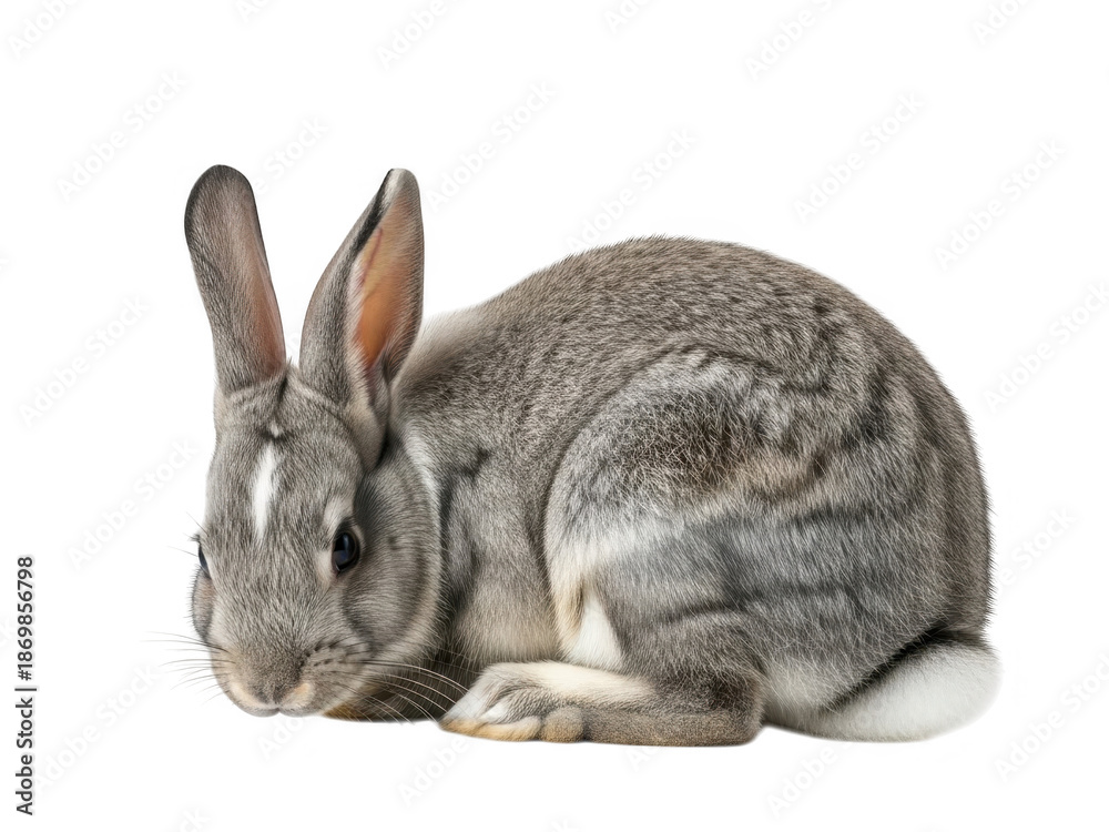 Obraz premium Cute gray rabbit sitting on transparent background looking curious and alert
