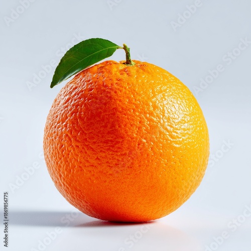A hyperrealistic, close-up studio photograph of a single, perfectly formed, vibrant orange (such as a navel or Valencia variety) resting on a reflective, pristine white surface.