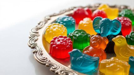 Colorful marmalade figurines in the shape of bears on an exquisite silver tray, bright and saturated colors, an idea for sweets for a children's holiday, photos for confectionery stores