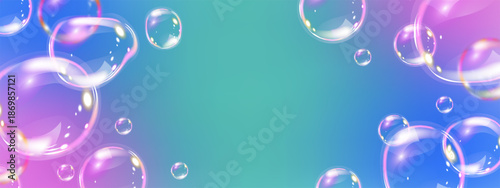 Transparent rainbow liquid bubbles background. Cosmetic oil, collagen, essence. Skincare product concept. Cosmetics solution. Realistic vector illustration