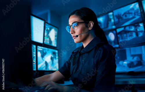 Addetto alla sorveglianza controlla i monitor, concetto di sicurezza